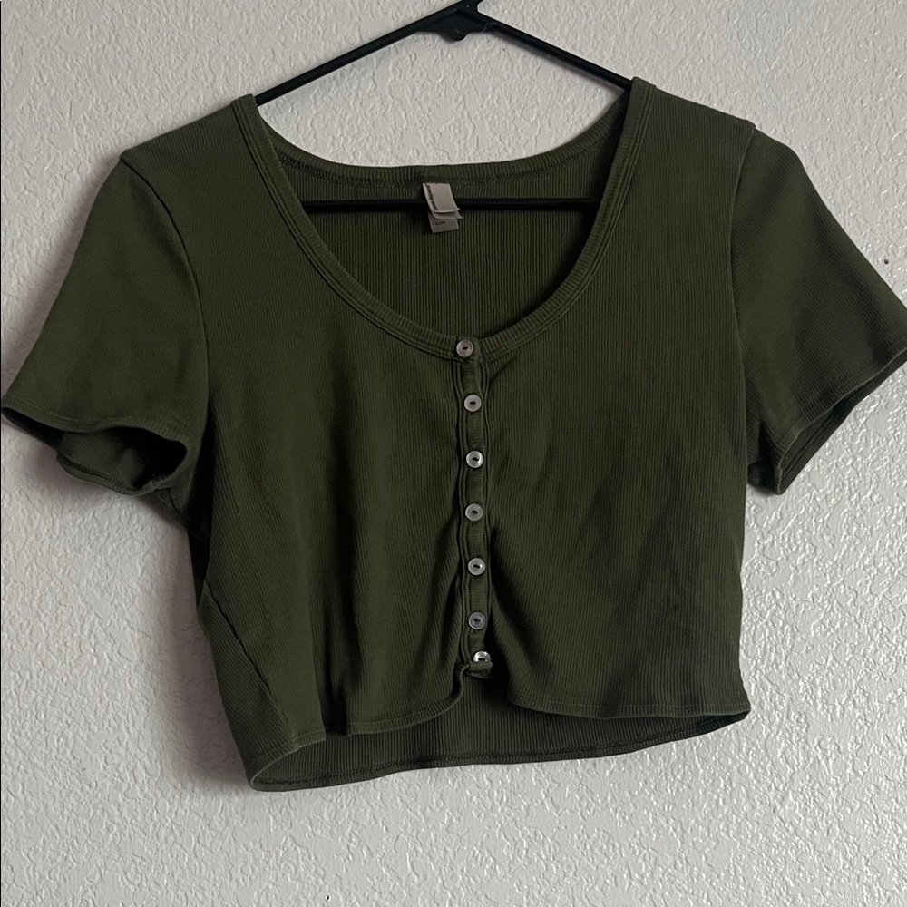 Olive Green Button-Up Crop Top